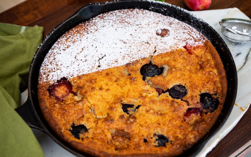 Sticky Salted Plum & Olive Oil Skillet Cake