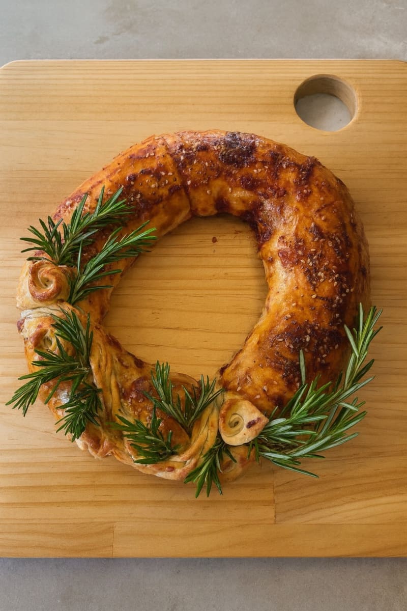 A Caramelised Onion Sausage Roll Wreath on a wooden board, decorated with sprigs of fresh rosemary.