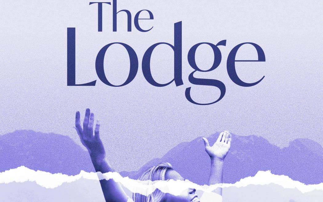 Image of a smiling woman with her hands raised in the air in a "praising" style. The words "The Lodge" appear above her hands. Her eyes are covered with a teared page rip across her face and across the image below. There are mountains in the distance behind her. The image is in a purple wash. The RNZ badge is in the bottom left corner.
