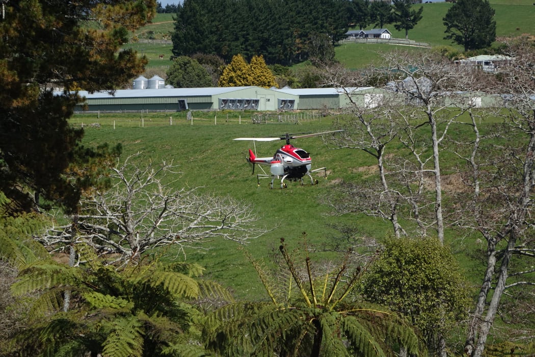 The Yamaha RMAX simulates a spraying run at its demonstration flight in Taranaki this week.