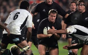Campbell Johnstone attacks during the All Blacks v Fiji test match played at Albany Stadium in Auckland on Friday 10 June, 2005