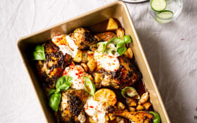 One-Pan Herby Moroccan Chicken with Agrias & Garlic Yoghurt