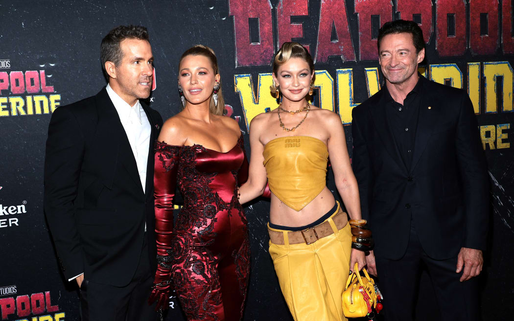 NEW YORK, NEW YORK - JULY 22: (L-R) Ryan Reynolds, Blake Lively, Gigi Hadid and Hugh Jackman attend the "Deadpool & Wolverine" New York Premiere on July 22, 2024 in New York City.   Dimitrios Kambouris/Getty Images/AFP (Photo by Dimitrios Kambouris / GETTY IMAGES NORTH AMERICA / Getty Images via AFP)