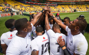 Fiji huddle up during the Wellington Sevens.