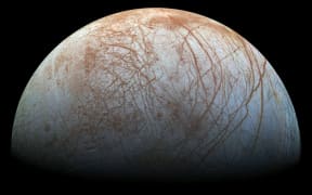 A color view of the surface of Jupiter's icy moon Europa, made from images taken by NASA's Galileo spacecraft in the late 1990s.