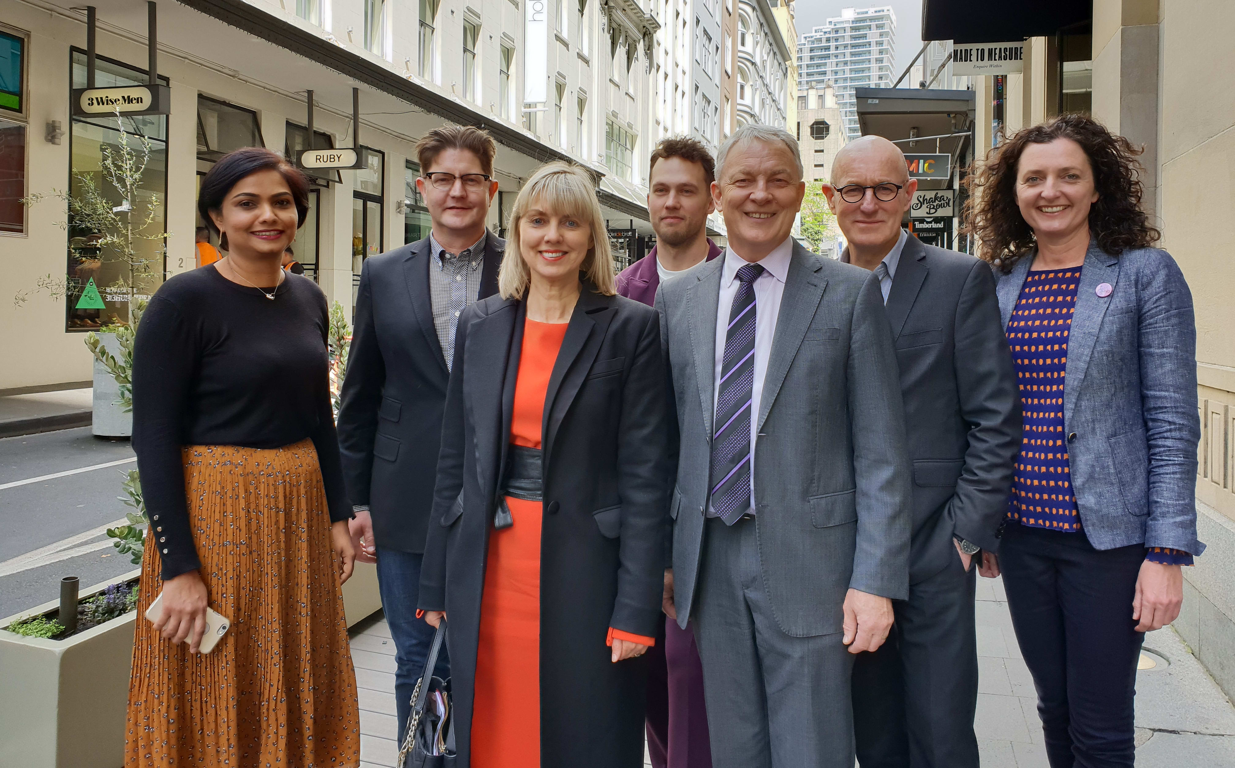 Mayor Phil Goff, Cr Chris Darby, Cam Perkins (design lead, Auckland Design Office), Viv Beck, Heart of the City chief executive and  High Street business owners.