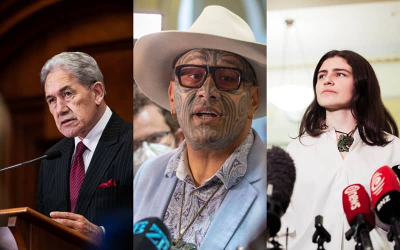 New Zealand First's Winston Peters, Te Pati Māori’s Rawiri Waititi and Chloe Swarbrick from the Green Party.