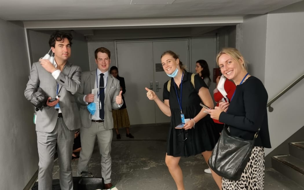 Journalists stuck in a stairwell at the United Nations.
