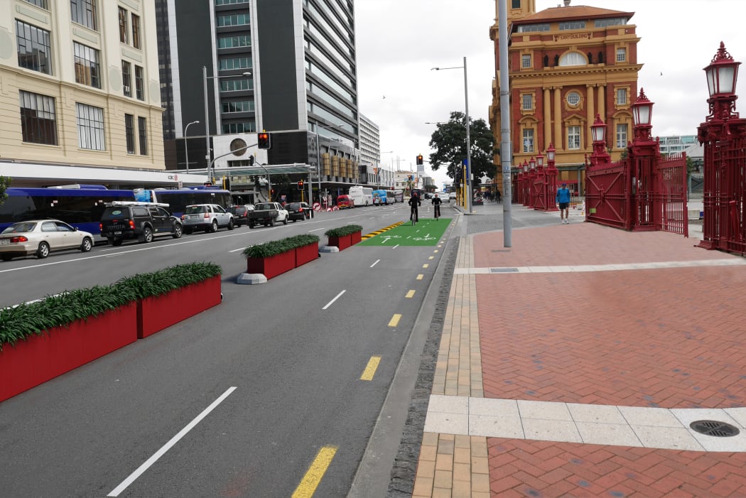 The temporary planter-box cycleway on Quay Street in Auckland