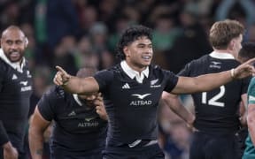 All Black Wallace Sititi celebrates at full-time following their win in the All Blacks v Ireland match.
