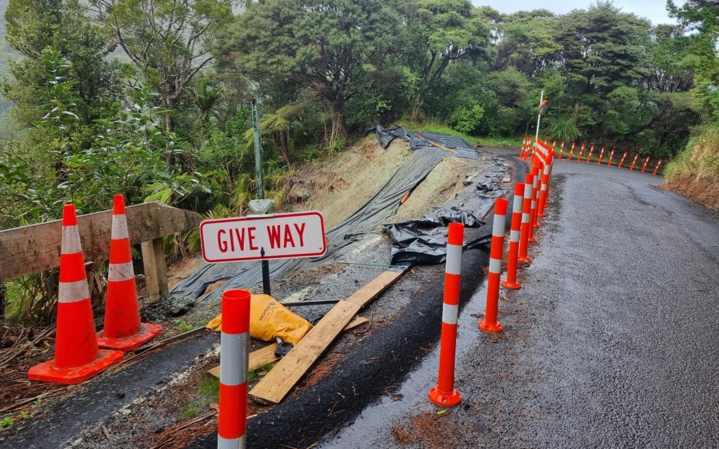 Karekare Road in Karekare, West Auckland on 19 July 2023 where damage from the January flood is still very evident.