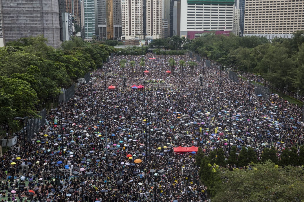 Protesters gather for a rally in Victoria Park in Hong Kong on Sunday in the latest opposition to a planned extradition law that has since widened into a call for democratic rights in the semi-autonomous city.