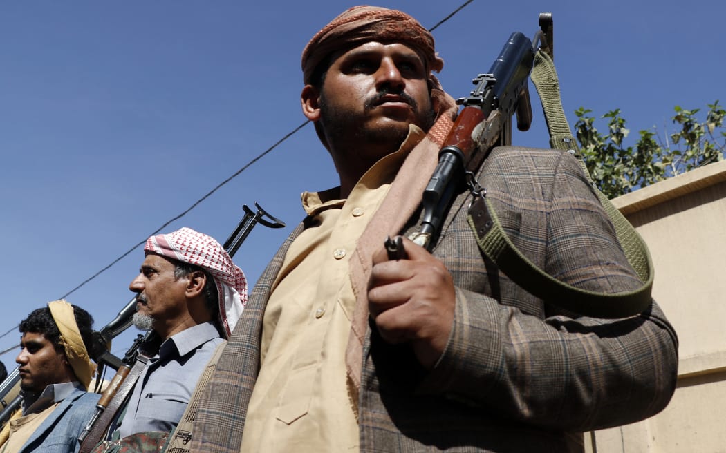 Yemen's Houthi loyalists take part in a tribal gathering in Sana'a on February 20, 2020. Tens of Houthi followers participated in a tribal gathering in Sana'a supporting forces of the army and popular committees in the recent advances in battles against forces of the Saudi-backed government of Abd Rabbu Mansour Hadi. (Photo by Mohammed Hamoud/NurPhoto) (Photo by Mohammed Hamoud / NurPhoto / NurPhoto via AFP)