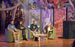 Traditional waka navigators speak at a Matariki wānanga at Te Papa, from left Tamahau Tangitu, Hinerapa Rupuha, Manihera Forbes and facilitator Tainui Stephens.