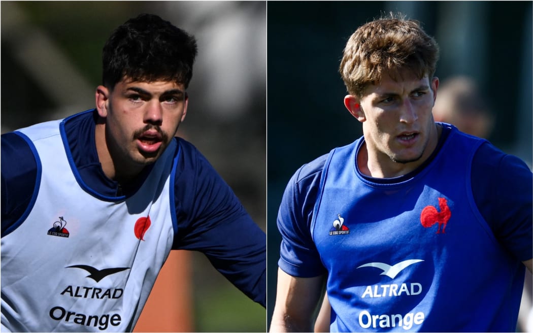 French rugby players Hugo Auradou (left) and Oscar Jegou (right).