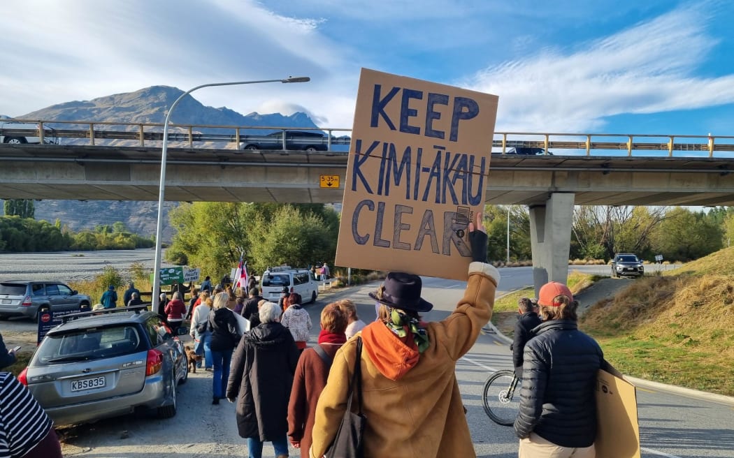 The protest moved to line the road entering the Shotover Wastewater Treatment Plant.