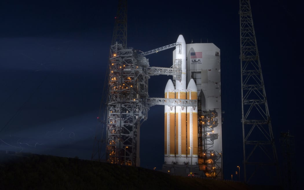The United Launch Alliance Delta IV Heavy rocket with the Parker Solar Probe onboard shortly after the Mobile Service Tower was rolled back.