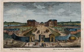 Coloured engraving of London’s Foundling Hospital, 1753 by T. Bowler