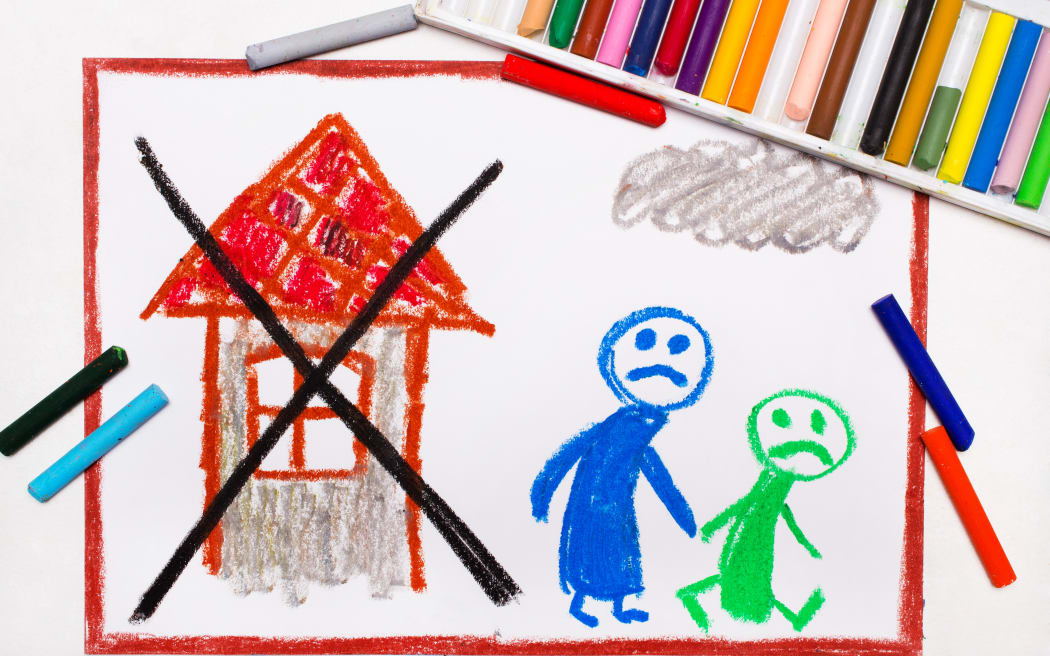 Colorful drawing: Two sad people leave their home. The problem of homelessness, eviction or moving out