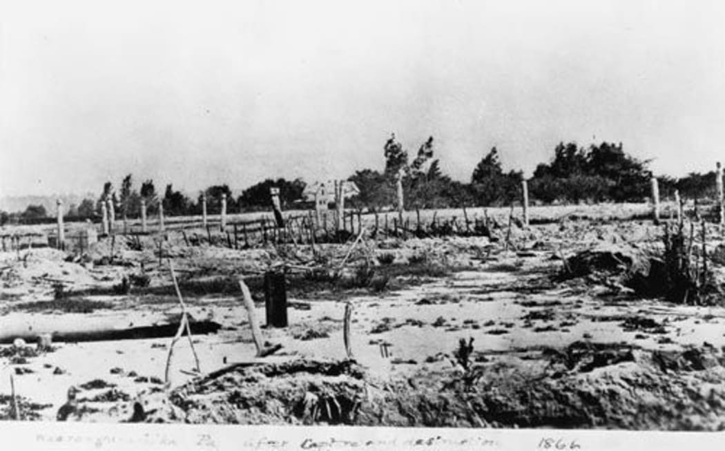 Waerenga-ā-Hika pā in ruins after it was attacked in 1865.