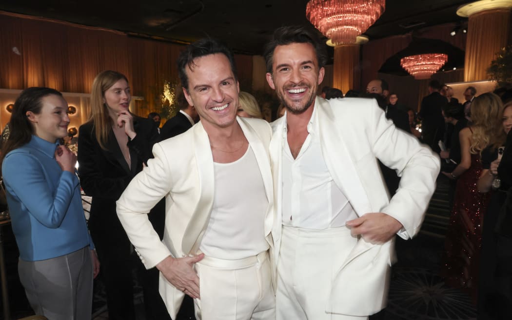 Andrew Scott and Jonathan Bailey at the 81st Golden Globe Awards held at the Beverly Hilton Hotel on January 7, 2024 in Beverly Hills, California. (Photo by Rich Polk / Golden Globes / Golden Globes via AFP)