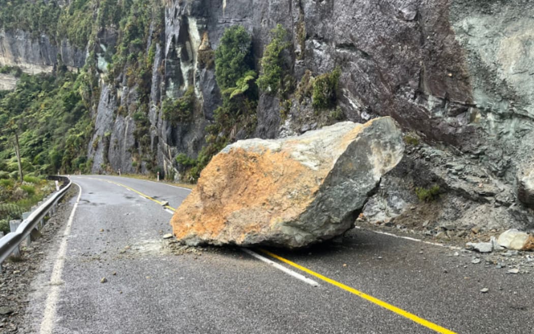 A large piece of the cliff wall which has fallen on to SH6.