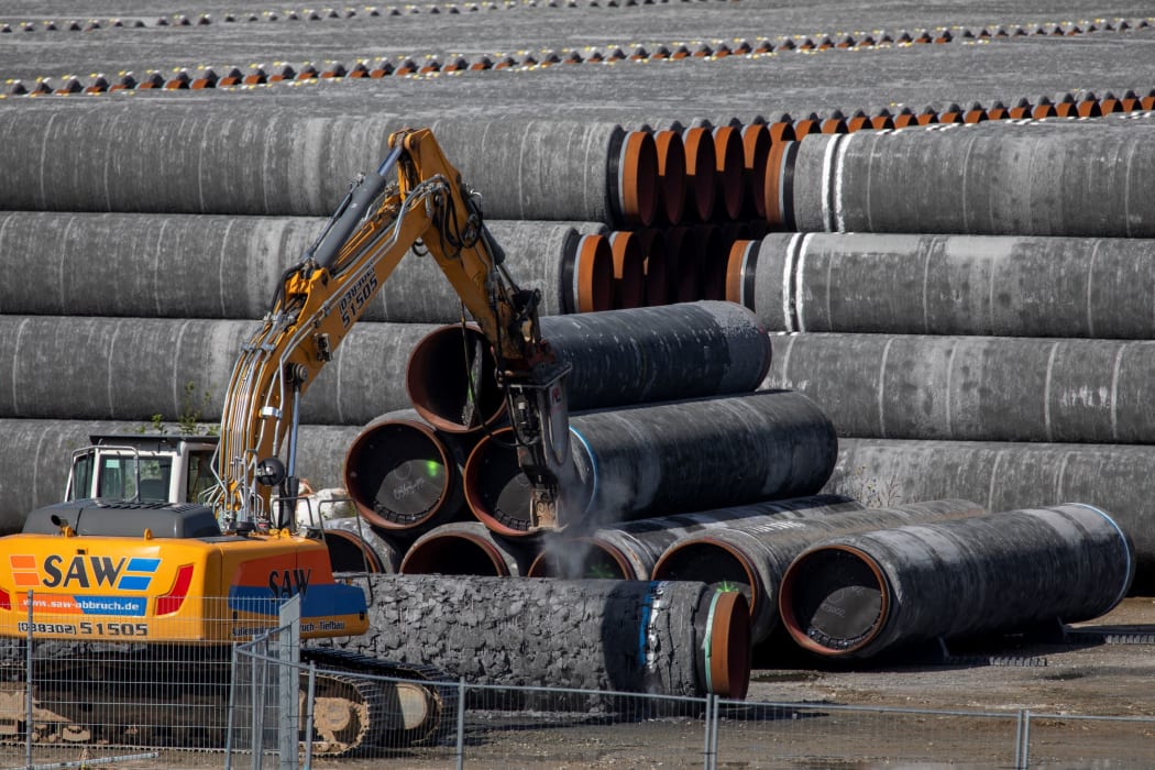 This file photo taken on September 7, 2020 shows gas pipes bound for the Russian pipe laying vessel Akademik Cherskiy, as the ship waited to continue pipe laying works for the Nord Stream 2 natural gas pipeline.