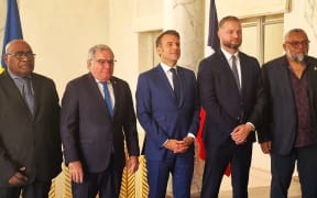New Caledonia's four MPs Emmanuel Tjibaou, Nicolas Metzdorf, Georges Naturel and Robert Xowie with French President Emmanuel Macron on Thursday 25 July 2024