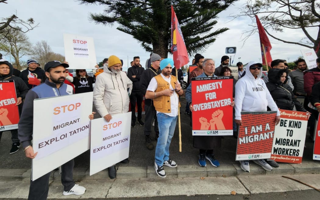 Protesters against migrant worker exploitation gather in Papatoetoe.