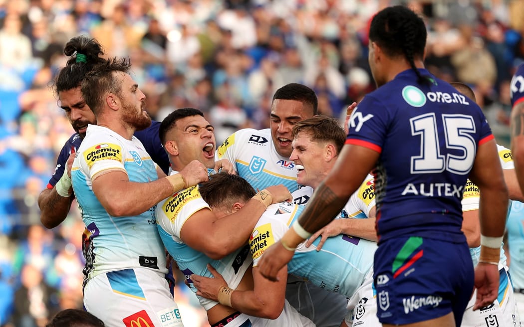 David Fifita of the Titans celebrates his try during the round eight NRL match between New Zealand Warriors and Gold Coast Titans.