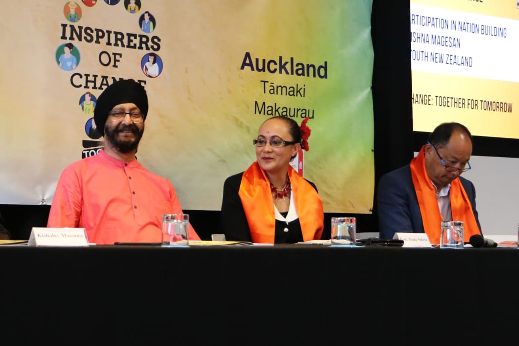 National MP Kawaljit Singh Bakshi (left), at a conference hosted by Hindu Youth New Zealand and New Zealand Hindu Students Forum. Other guests at the event included the Minister for Ethnic Communities Jenny Salesa (centre) and race relations commissioner Meng Foon (right).