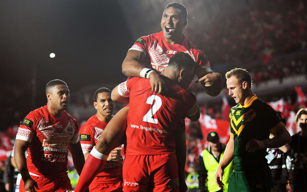 Daniel Tupou scores a try for Tonga,
Tonga v Australia. International Rugby League test match. Mt Smart Stadium, Auckland, New Zealand.