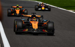 Oscar Piastri leads McLaren team-mate Lando Norris during the Belgian Grand Prix, 2025.