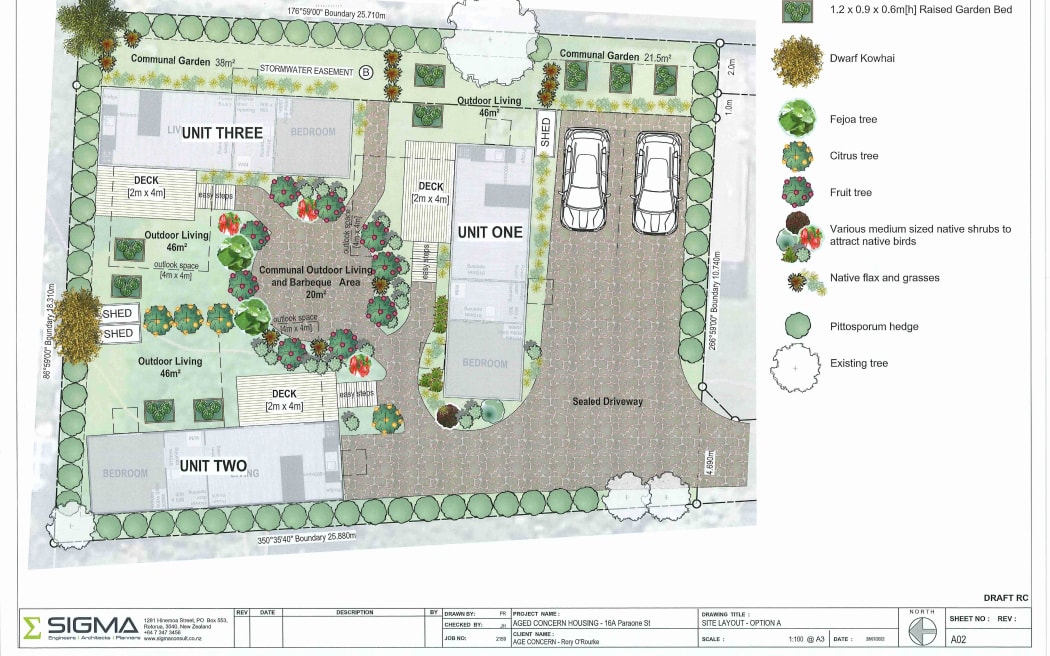 Plan for Age Concern Rotorua pocket neighbourhood with three tiny homes