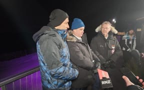 Rangi Mātāmua alongside Ministers Tama Potaka and Paul Goldsmith speak to the media after the hautapu ceremony at Treble Cone.