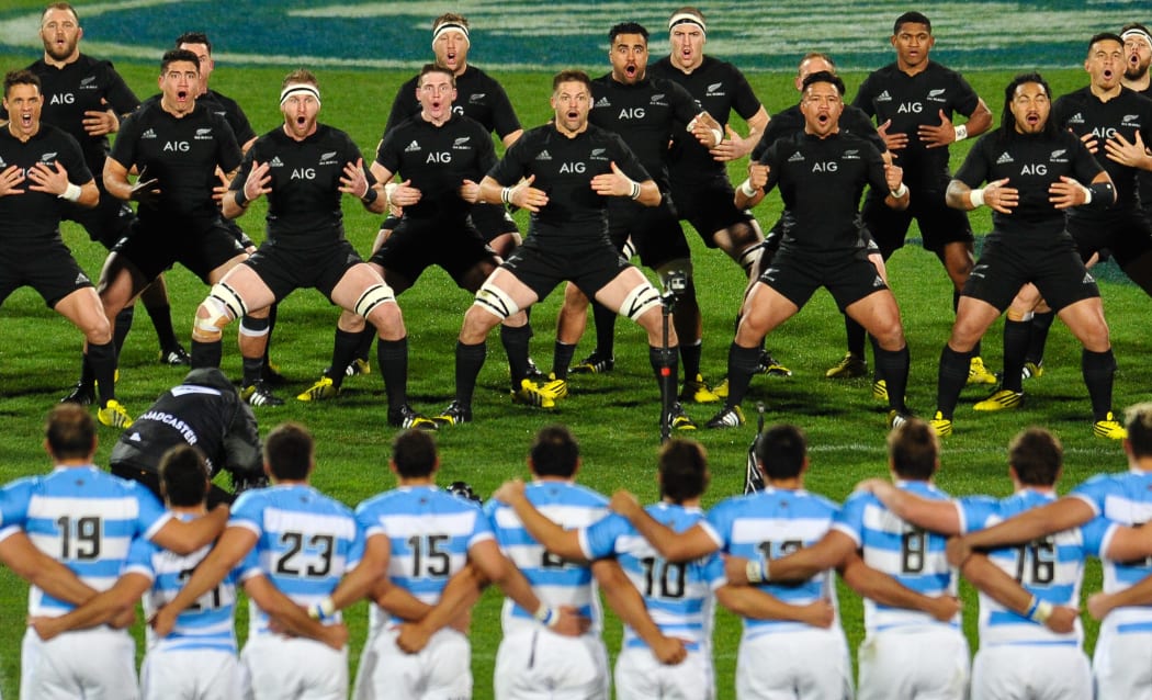 The All Blacks perform the Haka to Argentina, July, 2015.