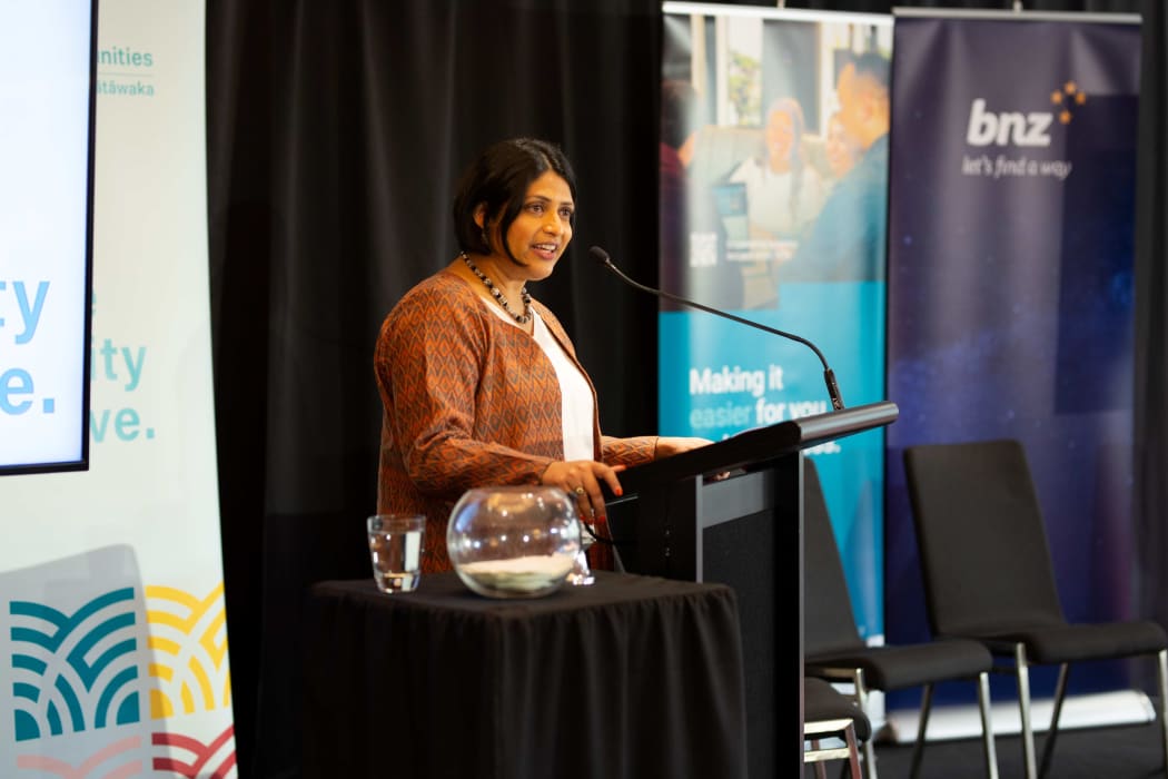 Minister for Diversity, Inclusion and Ethnic Communities Priyanca Radhakrishnan speaking at the Ministry for Ethnic Communities' first business forum for the ethnic community, May 2023.