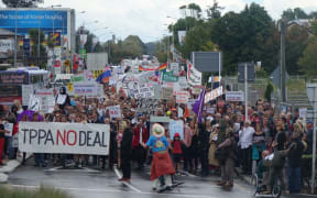 Protestors on Riccarton Street, Christchurch.