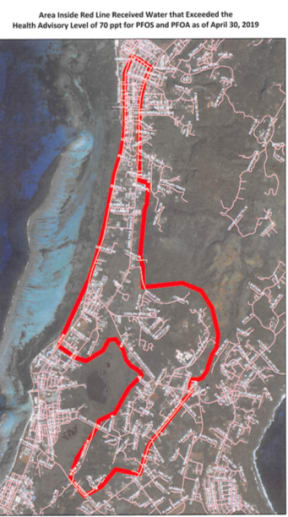The area affected by pollutants in the water in Saipan