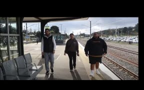 Porirua Railway Station's new safety officers, the Mau Te Rongo navigators, from left: Bronsin Ikurere, Faiona Willie and Reuben Baker.