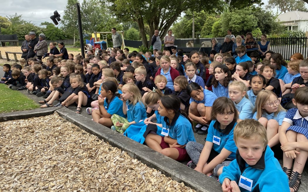 Hundreds of local school children at the blessing of the Joy Cowley playground in Featherston.
