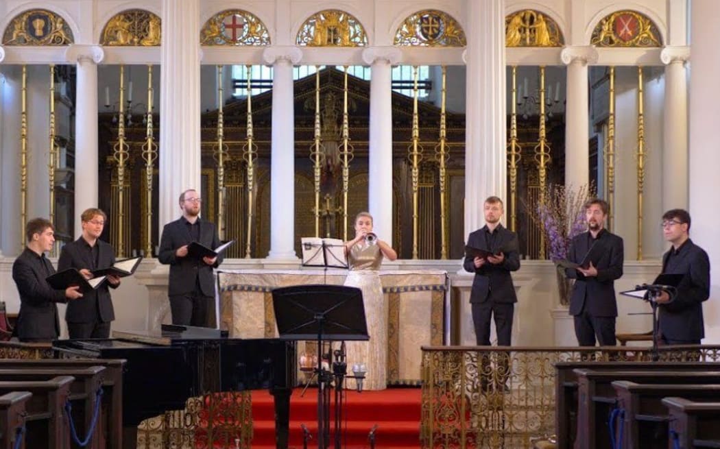 British vocal group The Gesualdo Six and young trumpeter Matilda Lloyd perform in Grosvenor Chapel at the London Sound Gallery on Tuesday 29th September 2020.