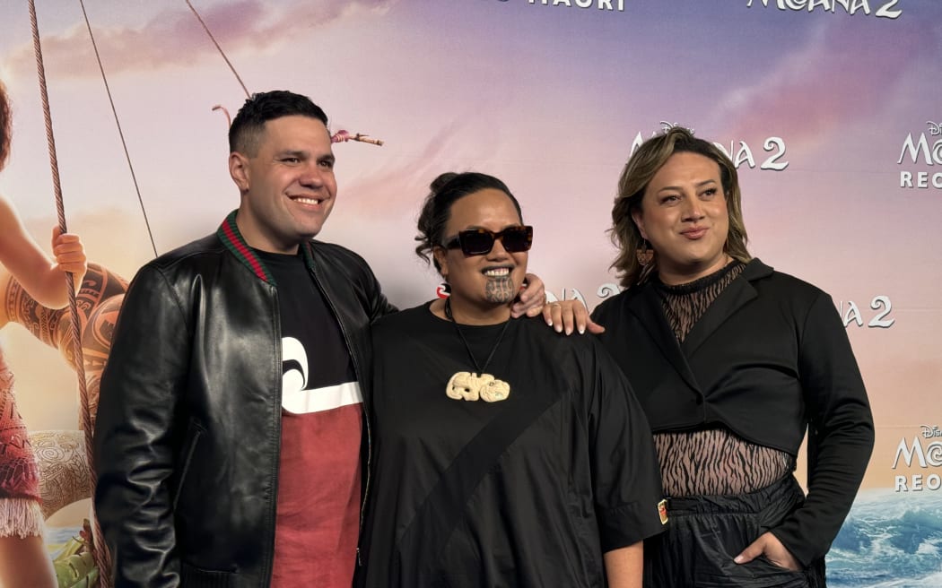 Jeremy Tātere MacLeod (Script Translator), Tweedie Waititi (Director, Producer, Translator) and Pere Wihongi (Music Co-Director, Translator) and the Moana 2 dual premiere.