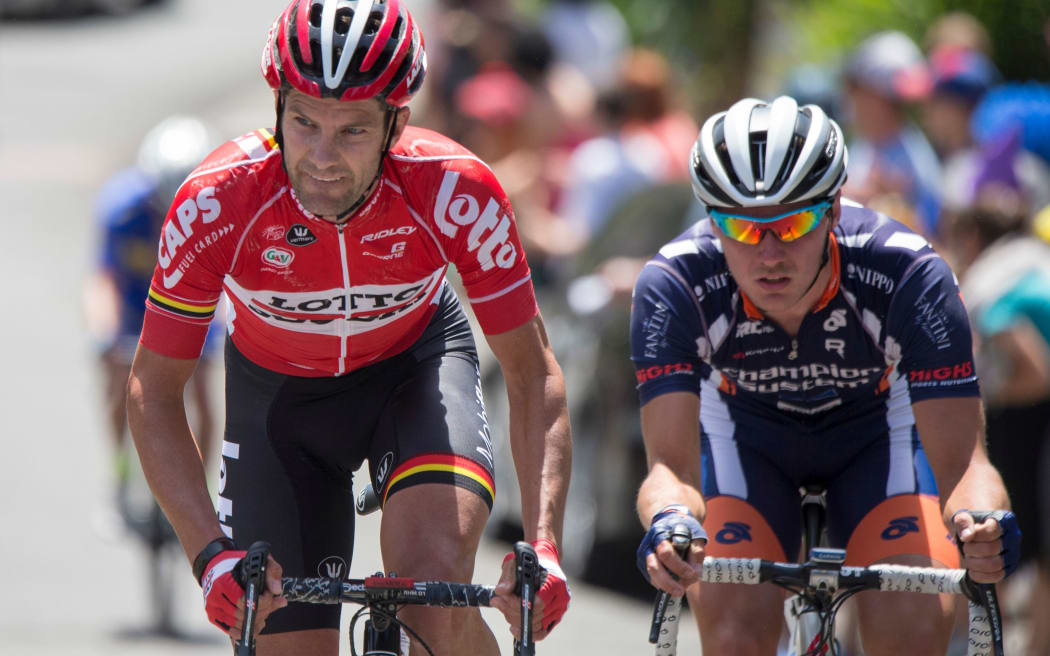 Greg Henderson (left) competes at the national road cycling champs in Napier in 2016.