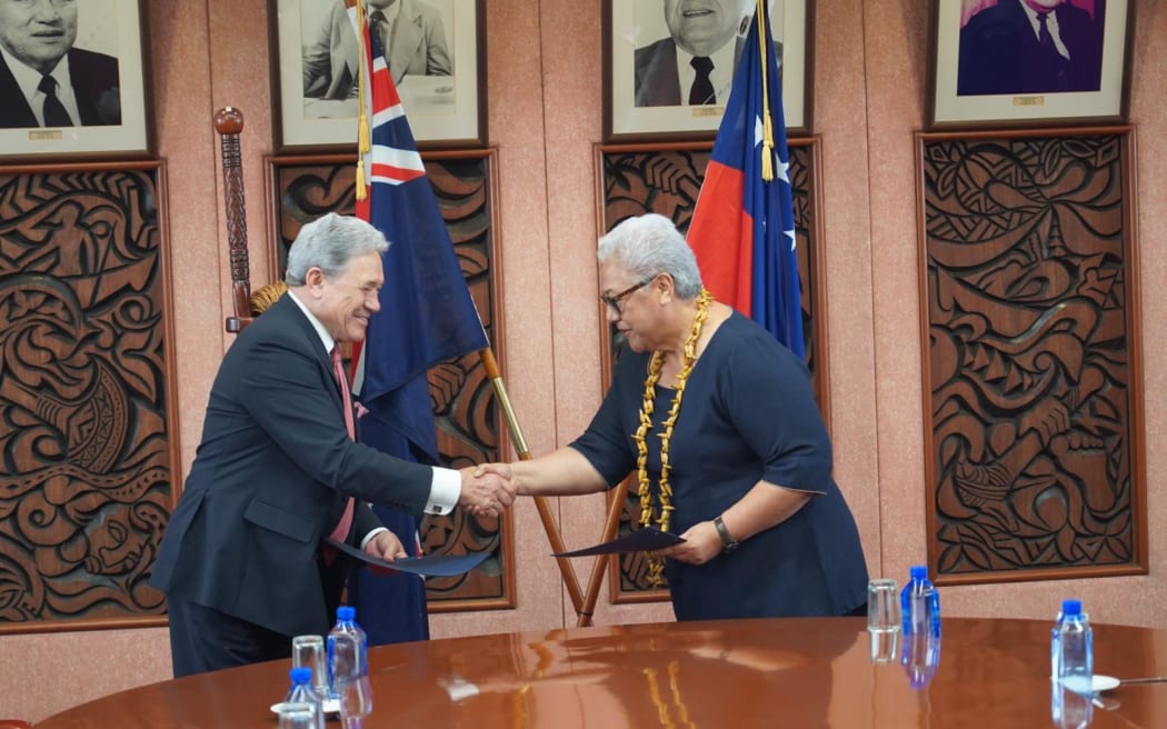 Prime Minister Fiame and Winston Peters at the singing of the cooperation partnership. 9 February 2024