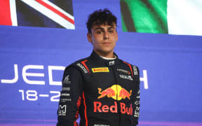 Arvid Lindblad after Formula 2 Sprint Race at Jeddah Corniche Circuit in Jeddah, Saudi Arabia on April 19, 2025. (Photo by Jakub Porzycki/NurPhoto) (Photo by Jakub Porzycki / NurPhoto via AFP)
