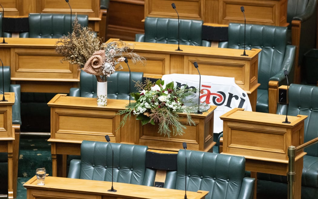 Wreaths on the House seat of Te Pāti Māori MP Takutai Tarsh Kemp.