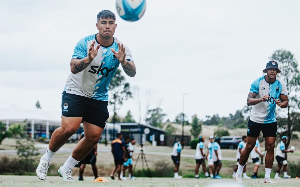 Jackson Garden-Bachop trains with Moana Pasifika in Brisbane ahead of their clash against the Reds on Friday night. Photo: Moana Pasifika