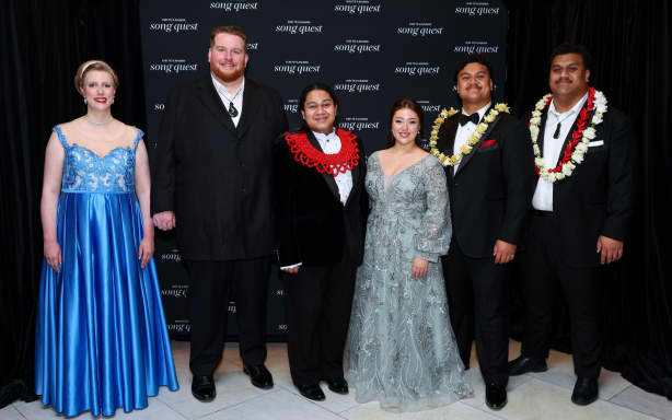 Kiri Te Kanawa Song Quest Finalists 2026 (L-R) Cecily Shaw, Samuel Downs, Samuel Mataele, Sarah Mileham, Jordan Fonoti-Fuimaono, Faamanu Fonoti-Fuimaono