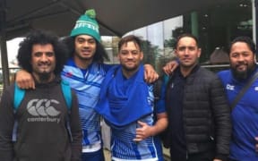 Pacific Rugby Players Chair Hale T Pole (L), former CEO Aayden Clarke (2R) and board member Seilala Mapusua (R) with Manu Samoa internationals Chris Vui and Jack Lam.